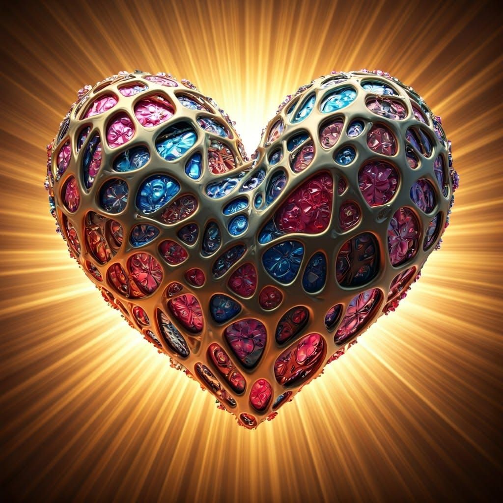 Floral Heart Sculpture with Bioluminescent Crystals