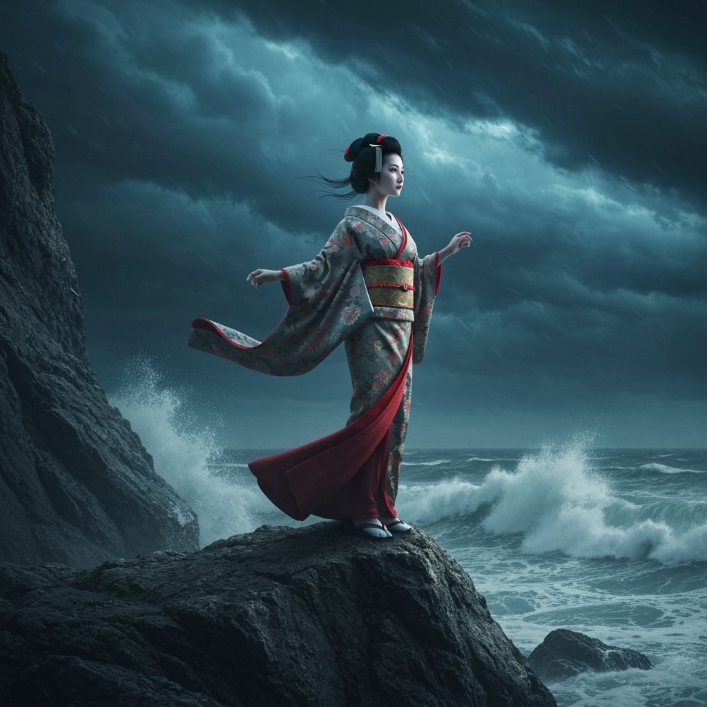 Geisha on Windswept Cliff in Cinematic Style