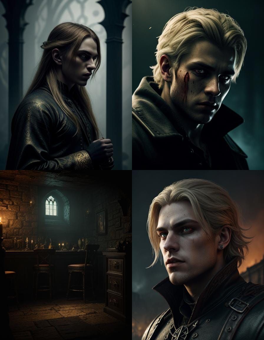 A Blond Man Transforms into a Vampire, Detailed Matte Painti...