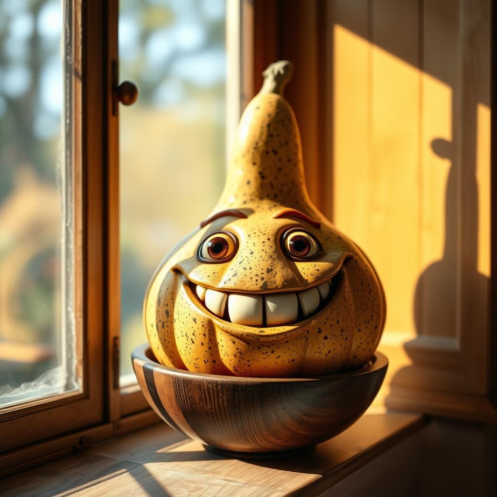 Smiling Gourd with Teeth on Windowsill, Hyperrealistic Fanta...
