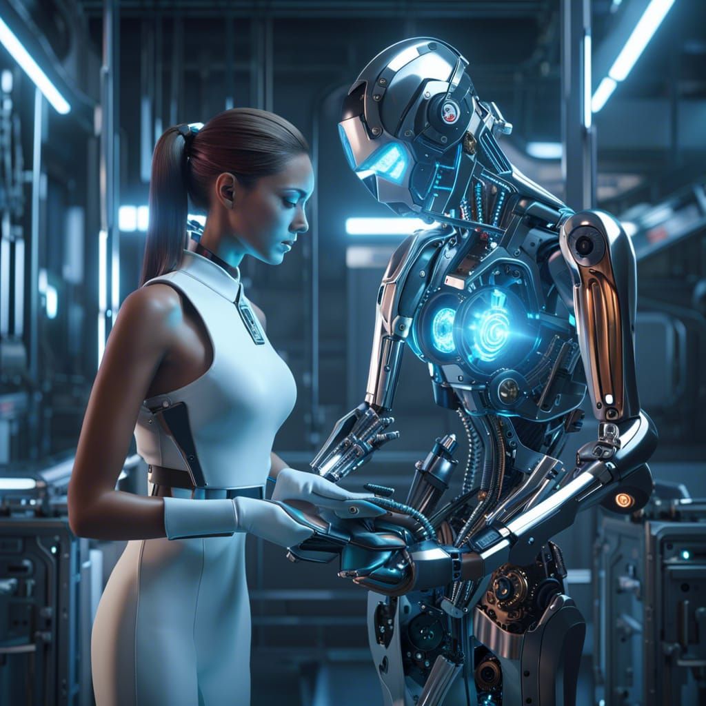 Medical Cyborg Examines Patient: Futuristic Sci-Fi Art