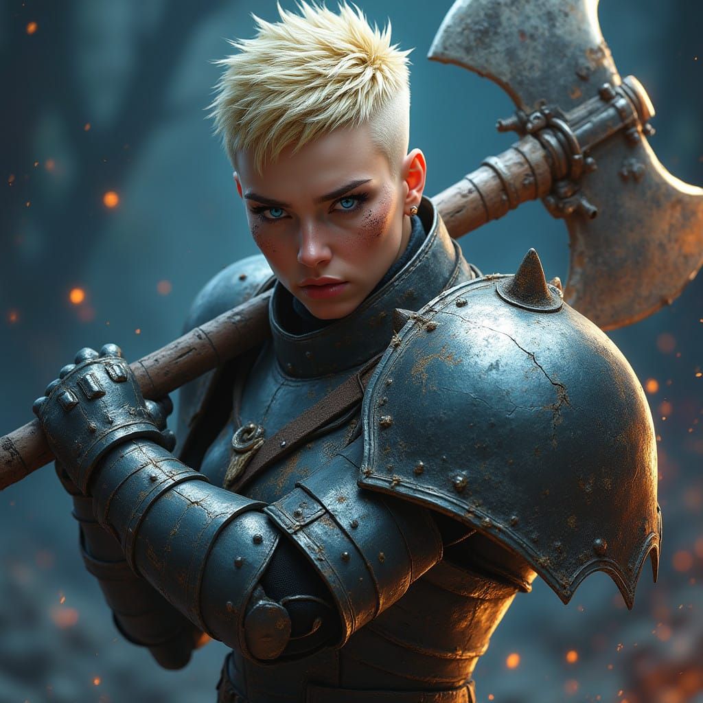 Fierce Female Warrior in Hyperrealistic Steel Armour