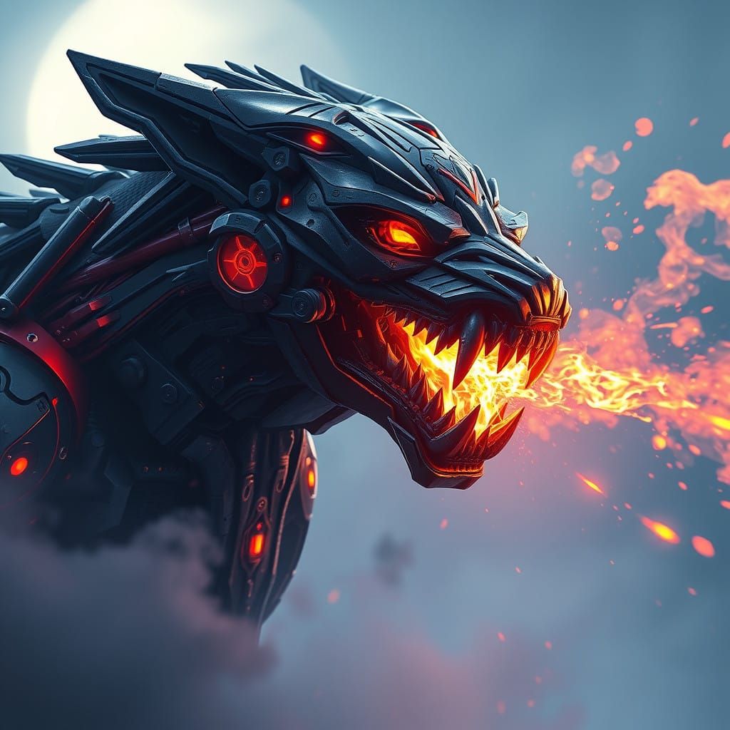 Surreal Robot Wolf Blazes Fantasy Realm