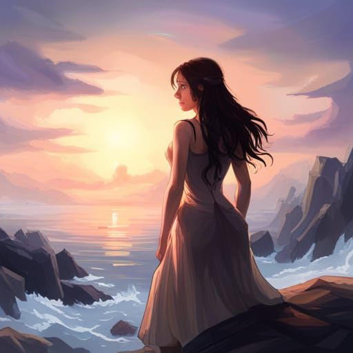 Girl Gazing at Lake: Detailed Digital Art