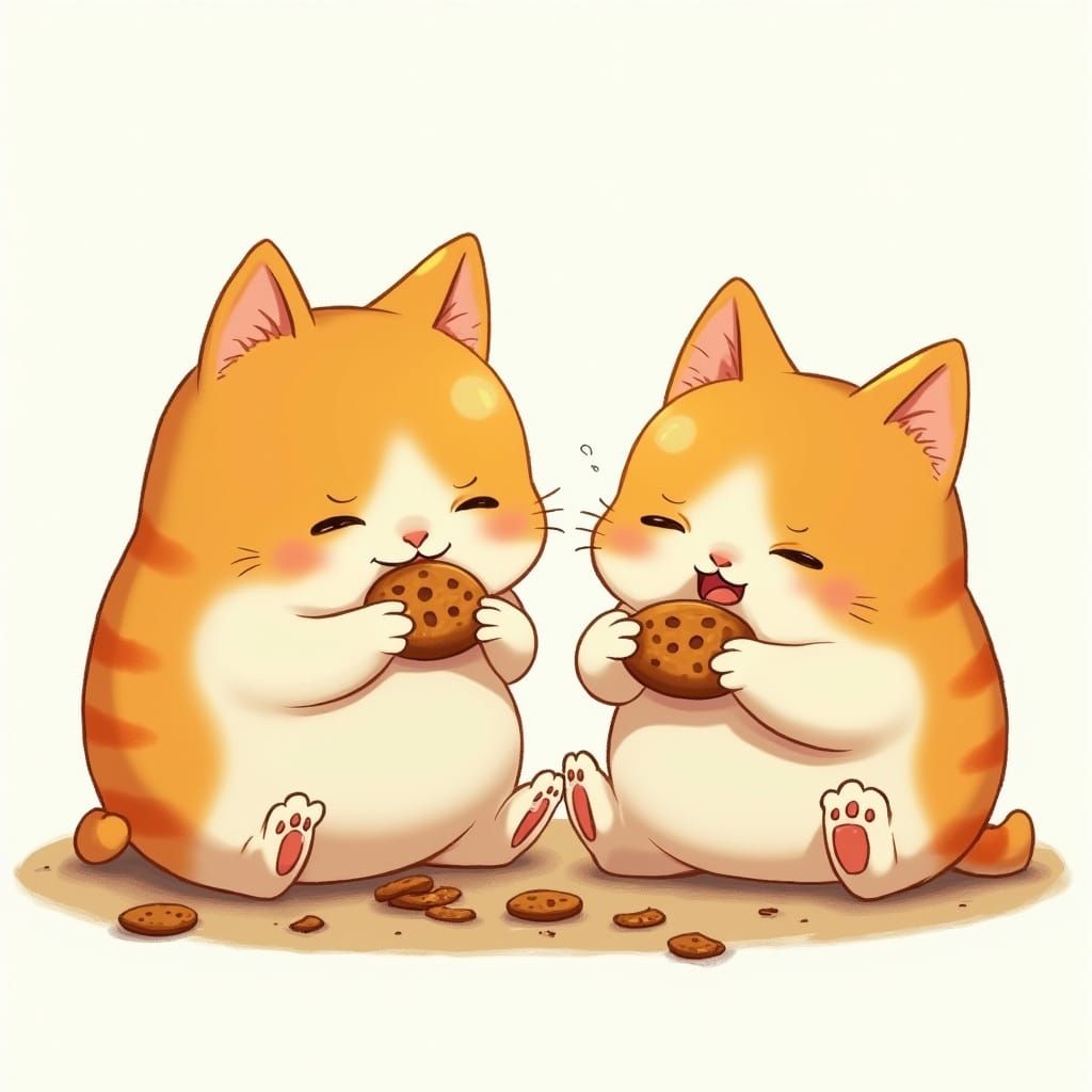 Chubby Anime Cats Enjoy Cookies in Whimsical Scene