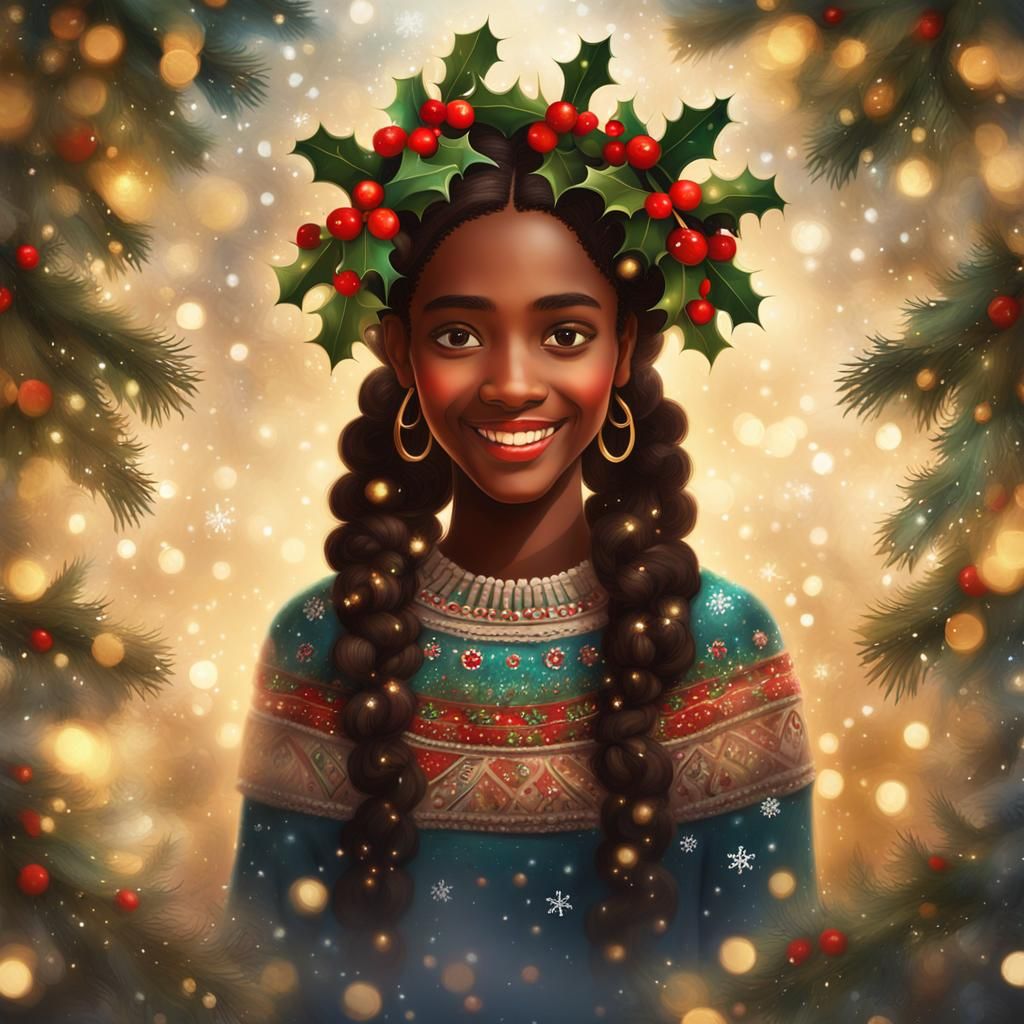 Whimsical Winter Lady Portrait in Folk Art Style