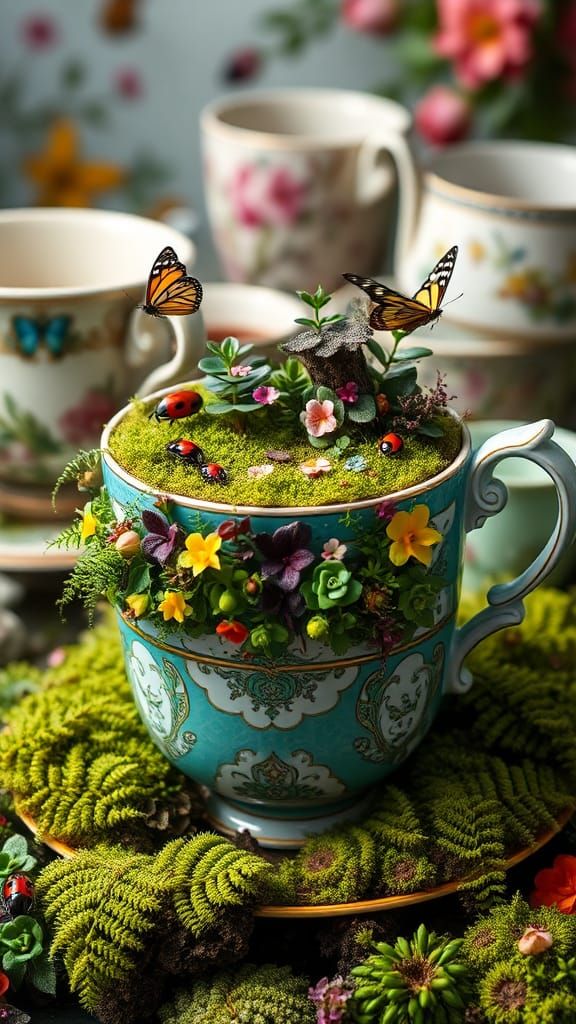 Miniature Ecosystem Thrives in Ornate Teacup