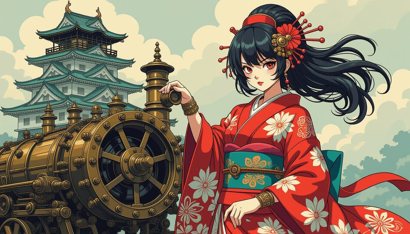 Anime Character with Steampunk Engine in Digital Painting