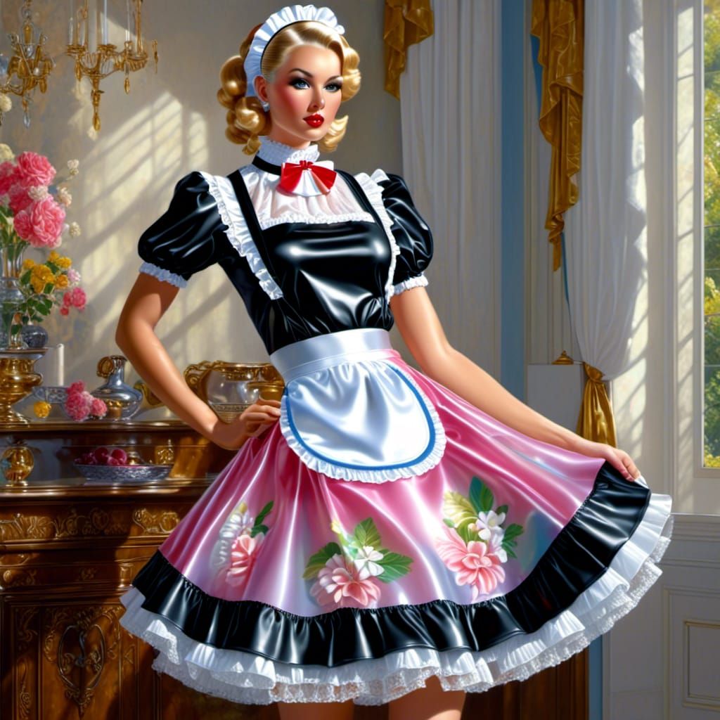 See-Through Latex French Maid Dress with Floral Prints