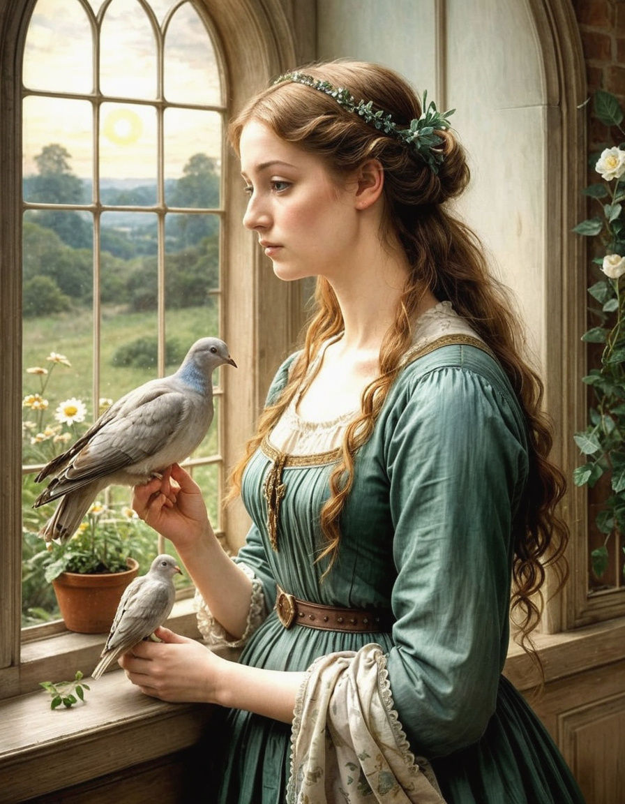 Victorian Woman Contemplates a Dove in Watercolour