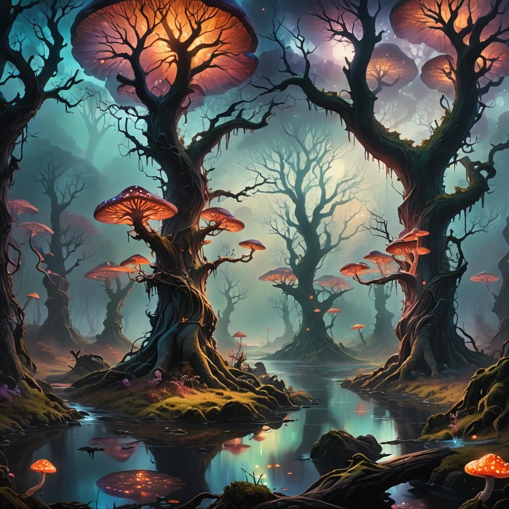Ethereal Dark Fantasy Landscape in Oil Painting Style