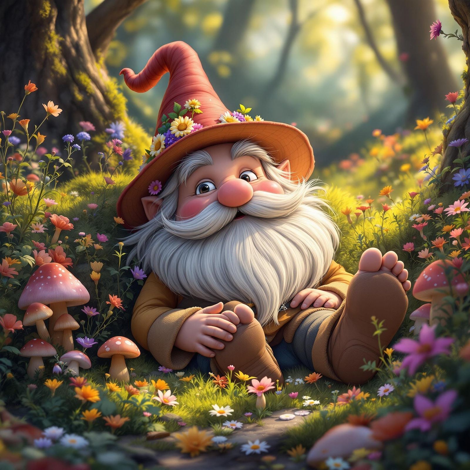 Centrally Positioned Gnome in Vibrant Floral Forest