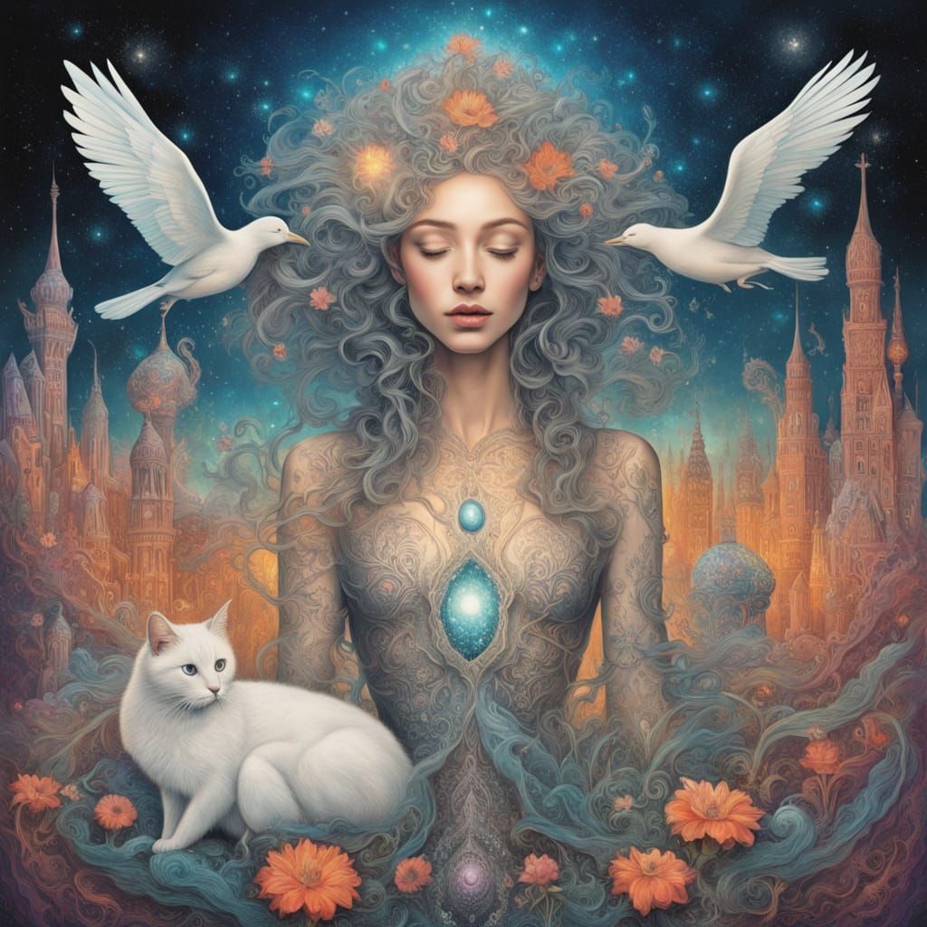 Female Form Blends With Birds and Nature's Cosmic Energy