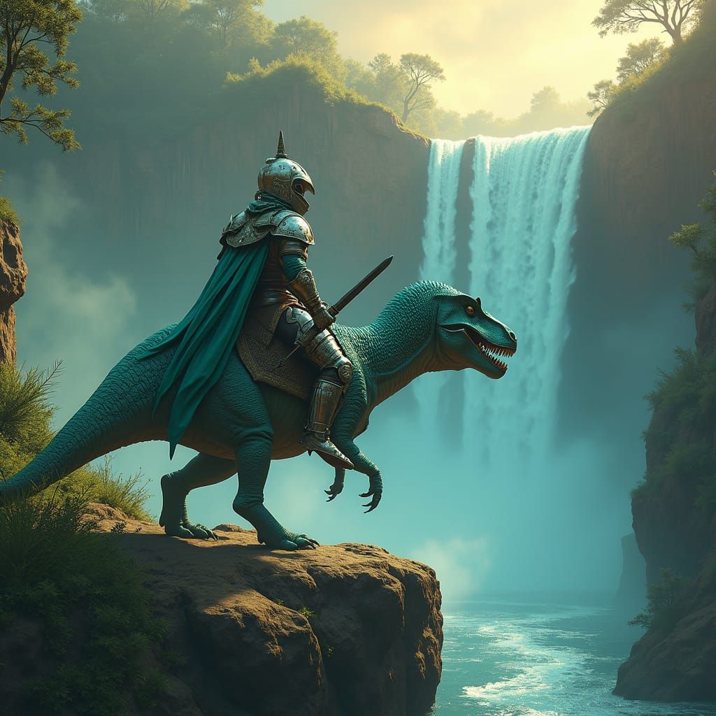 Templar Knight on Emerald T-Rex at Waterfall