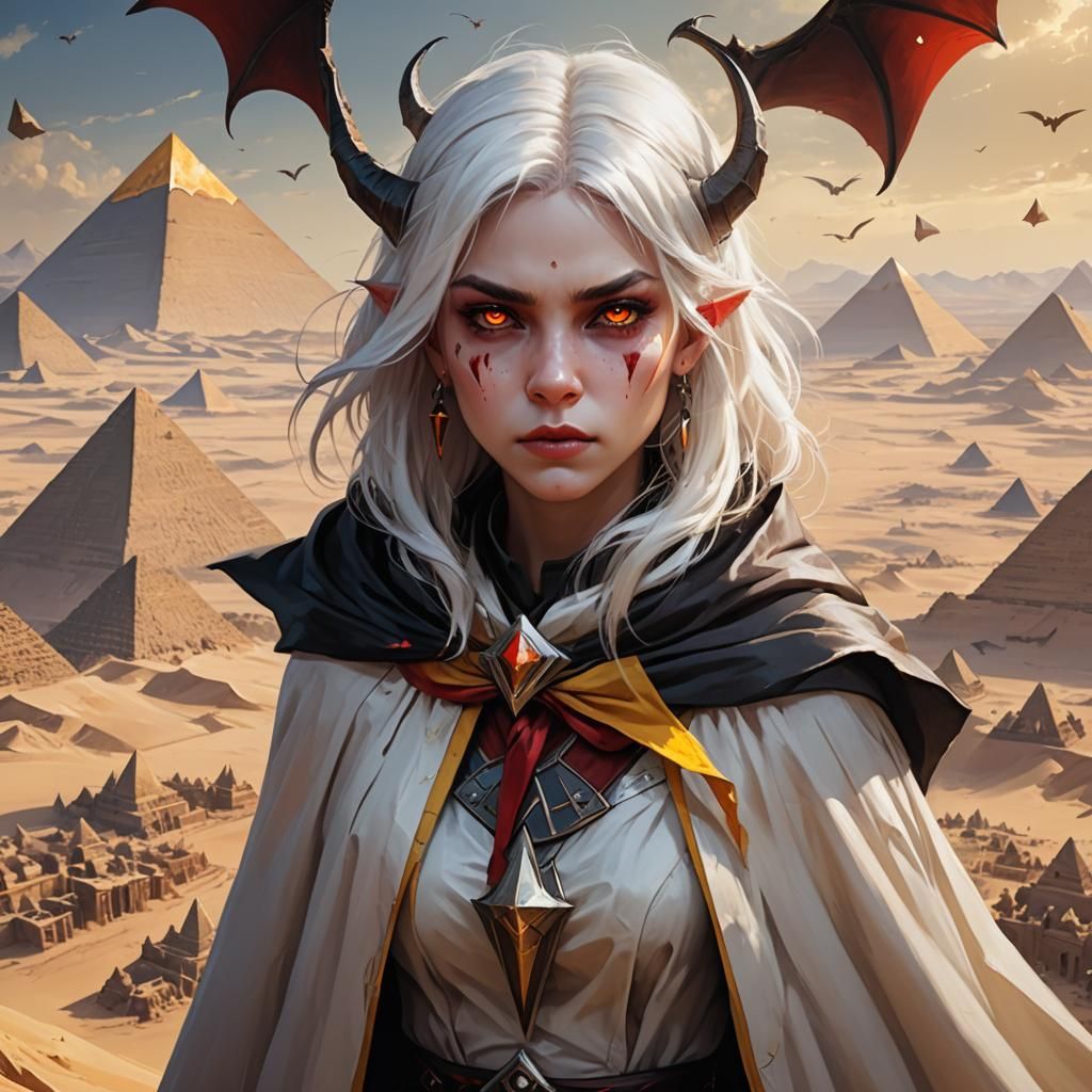 Vampire Child Soaring Over Desert Pyramids