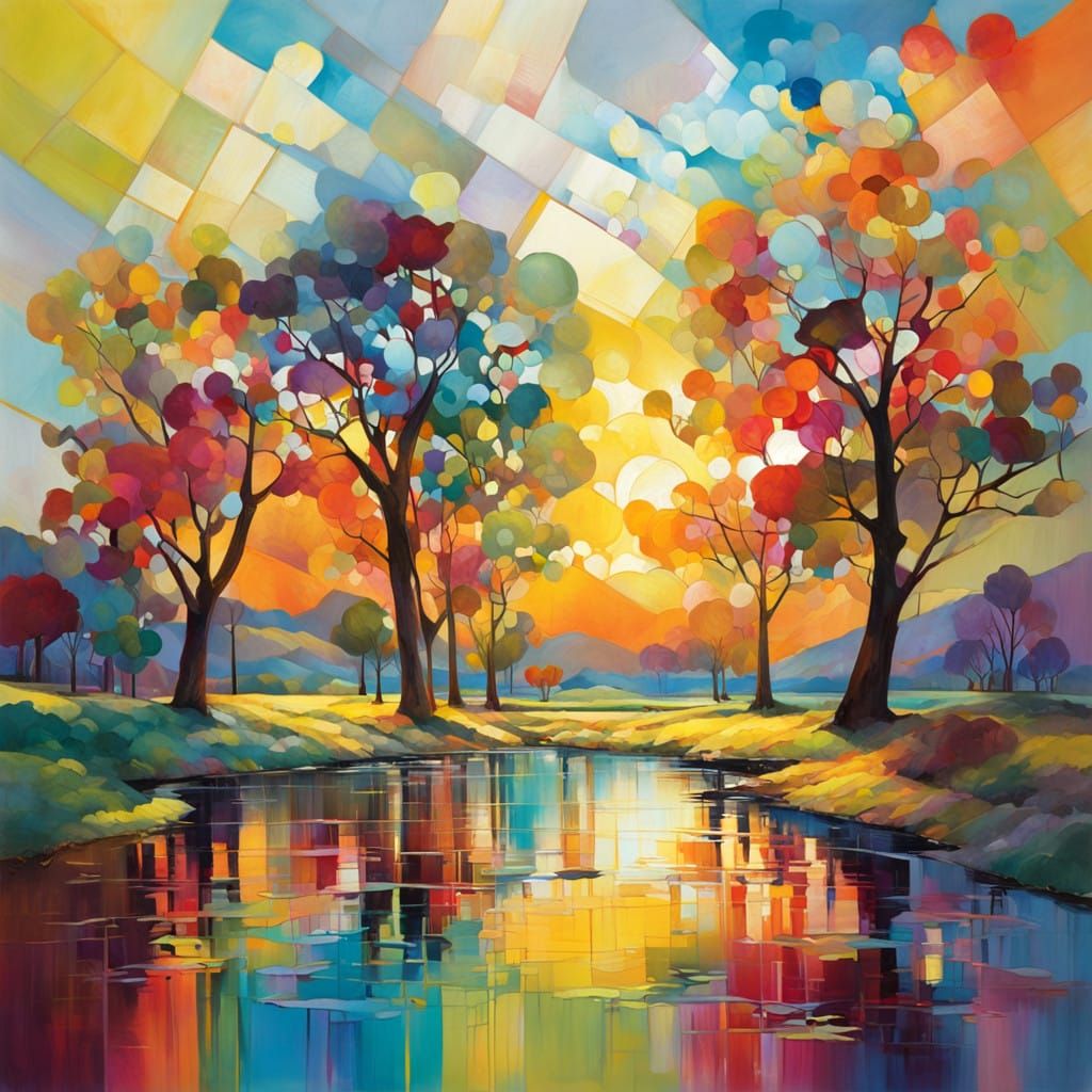 Vibrant Stained Glass Scene in a Sunny Daylight Setting