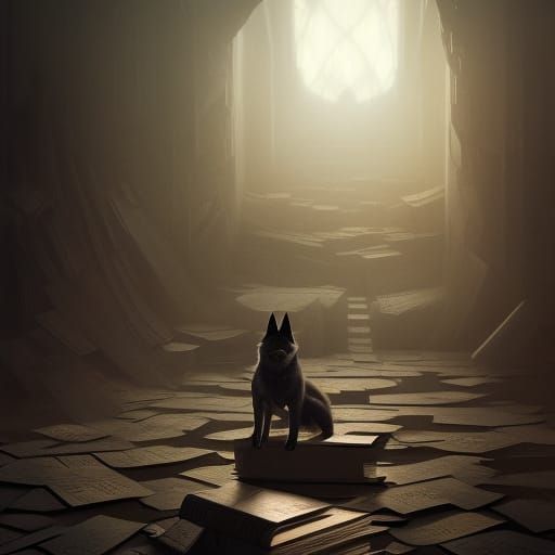 Husky Dog Navigates Book Maze: Dark Fantasy Art