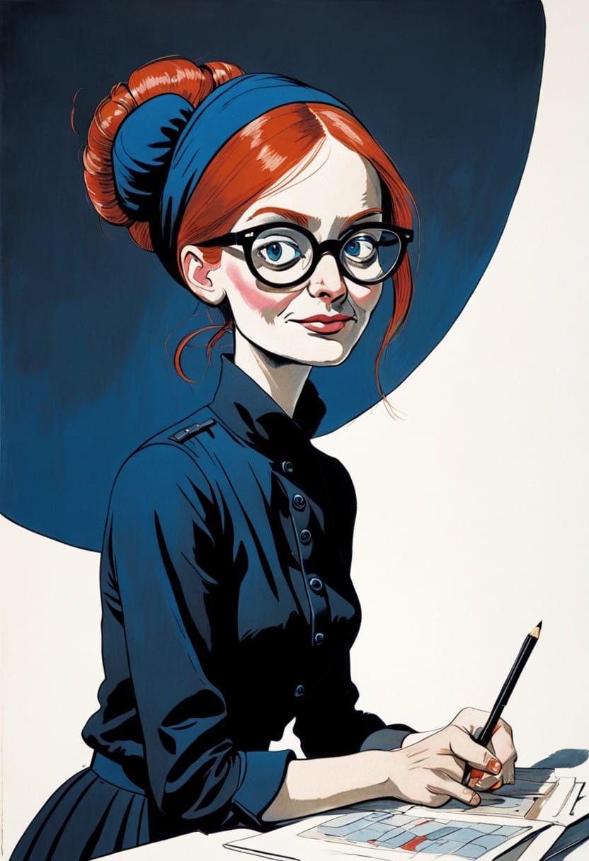 je souhaite une image en couleur d'une femme rousse avec une frange courte, coiffée avec un chignon. Elle porte des gros...