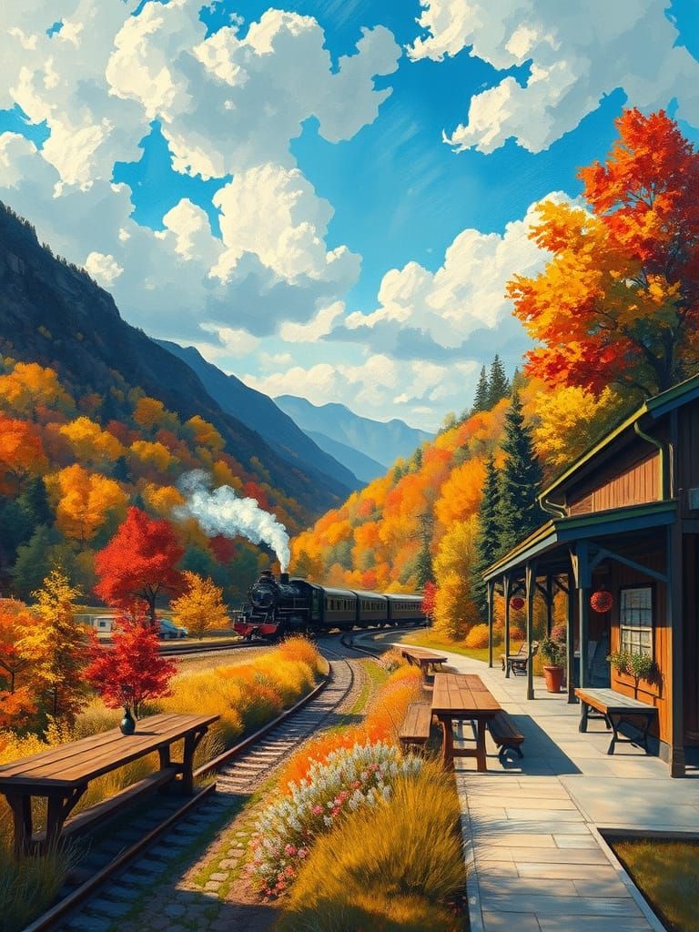 Steam Train Through Valley: Neo-Impressionist Oil Painting