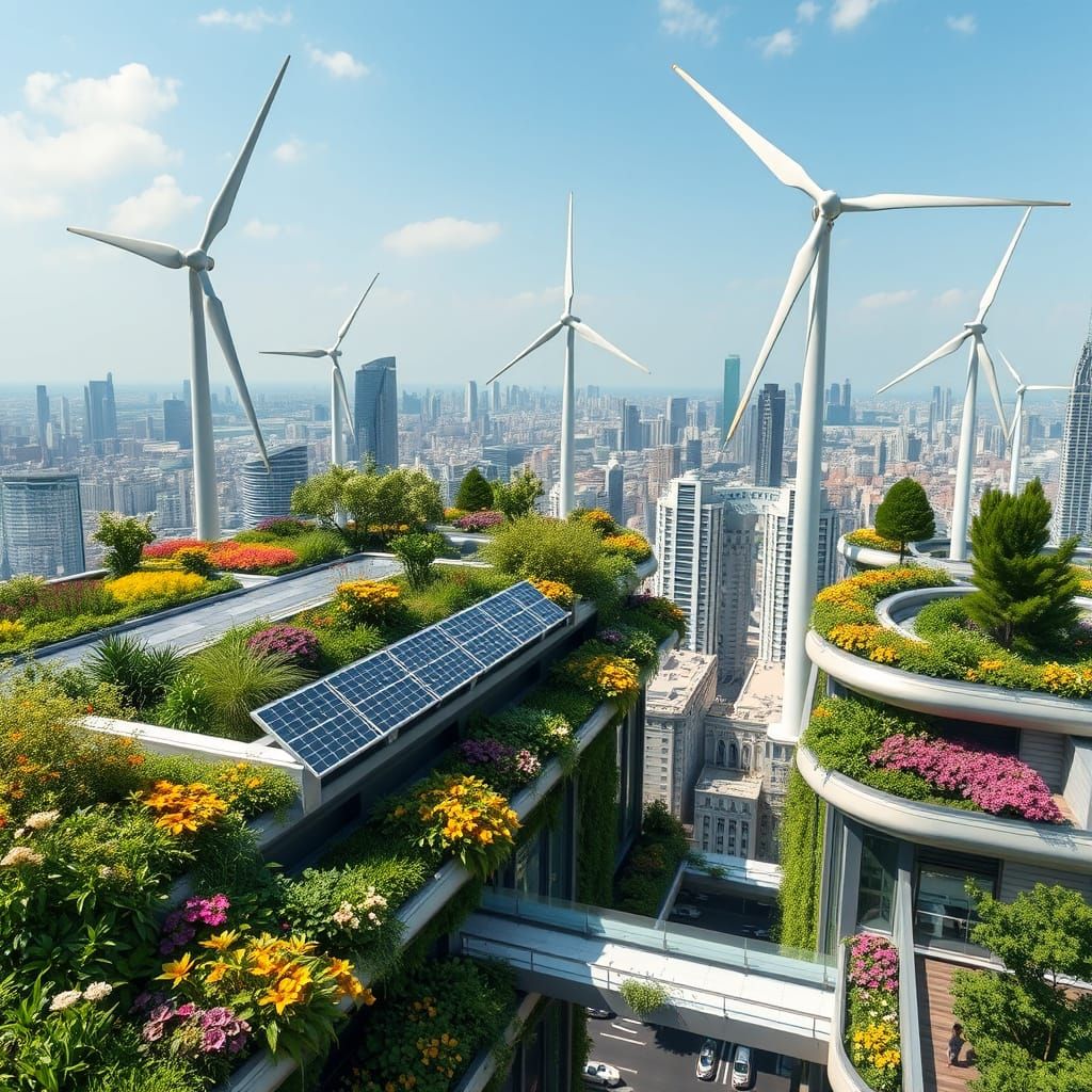 Sustainable Futuristic Rooftop Cityscape with Solar and Wind...