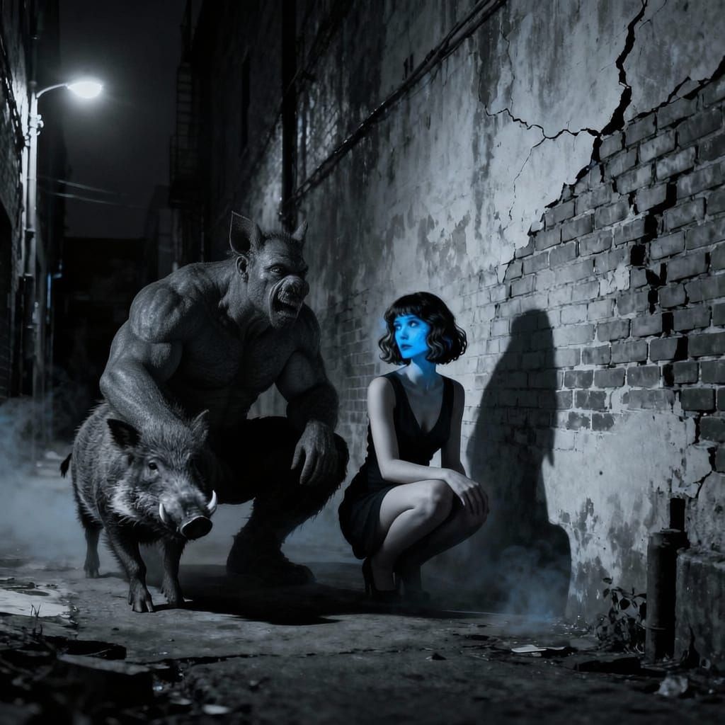 Expressionistic Shadows of Monster and Woman in Urban Ghetto