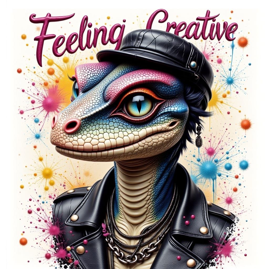 Cute Reptilian Male Surrounded by Colorful Splatters