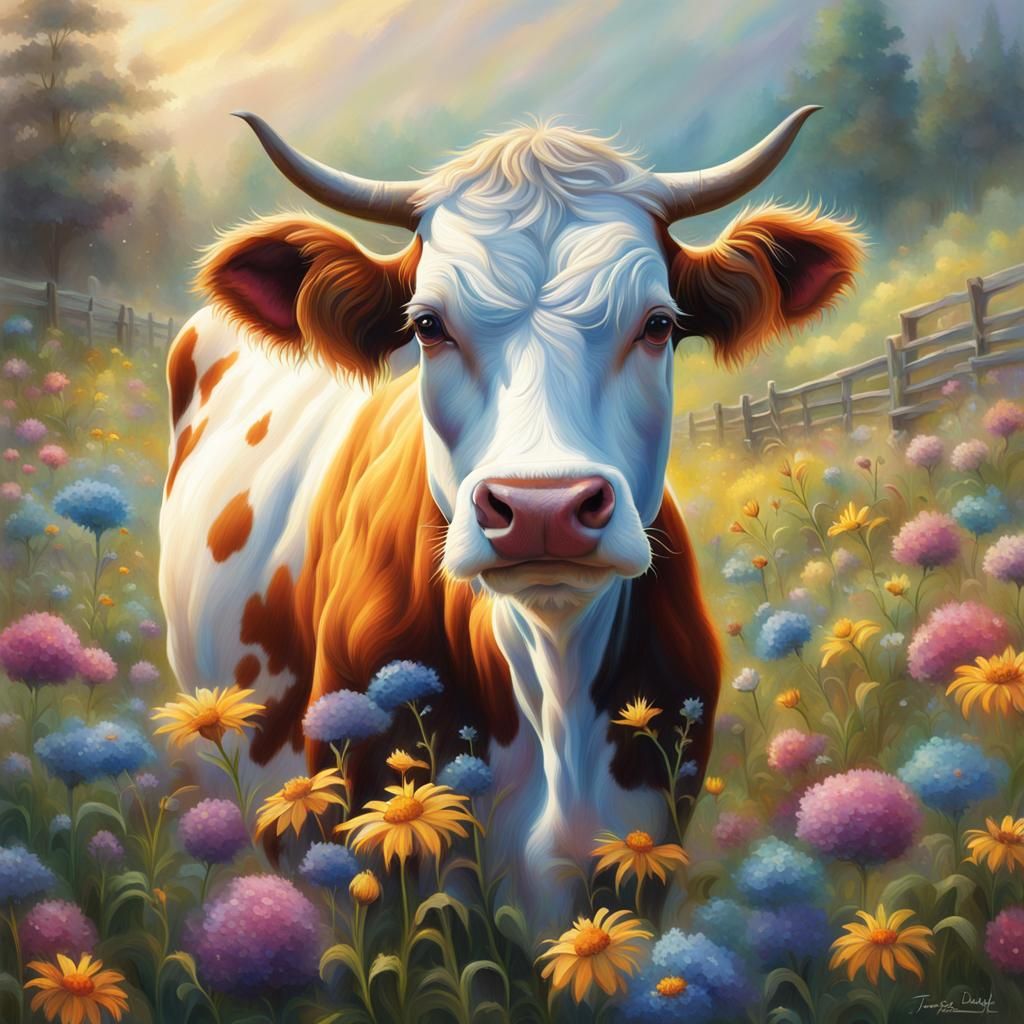 Cute Cow in Wildflower Field: Ethereal Fantasy Art