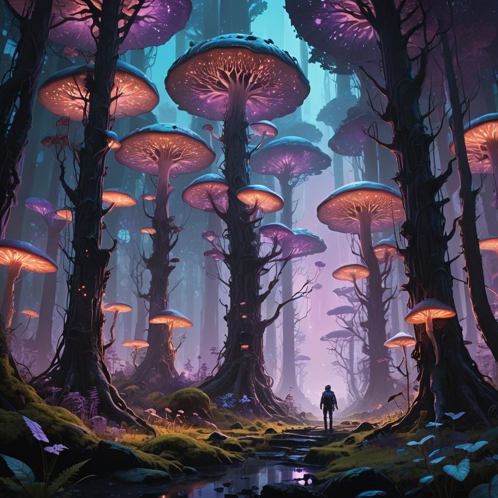 Ethereal Bioluminescent Forest in Dark Fantasy Landscape