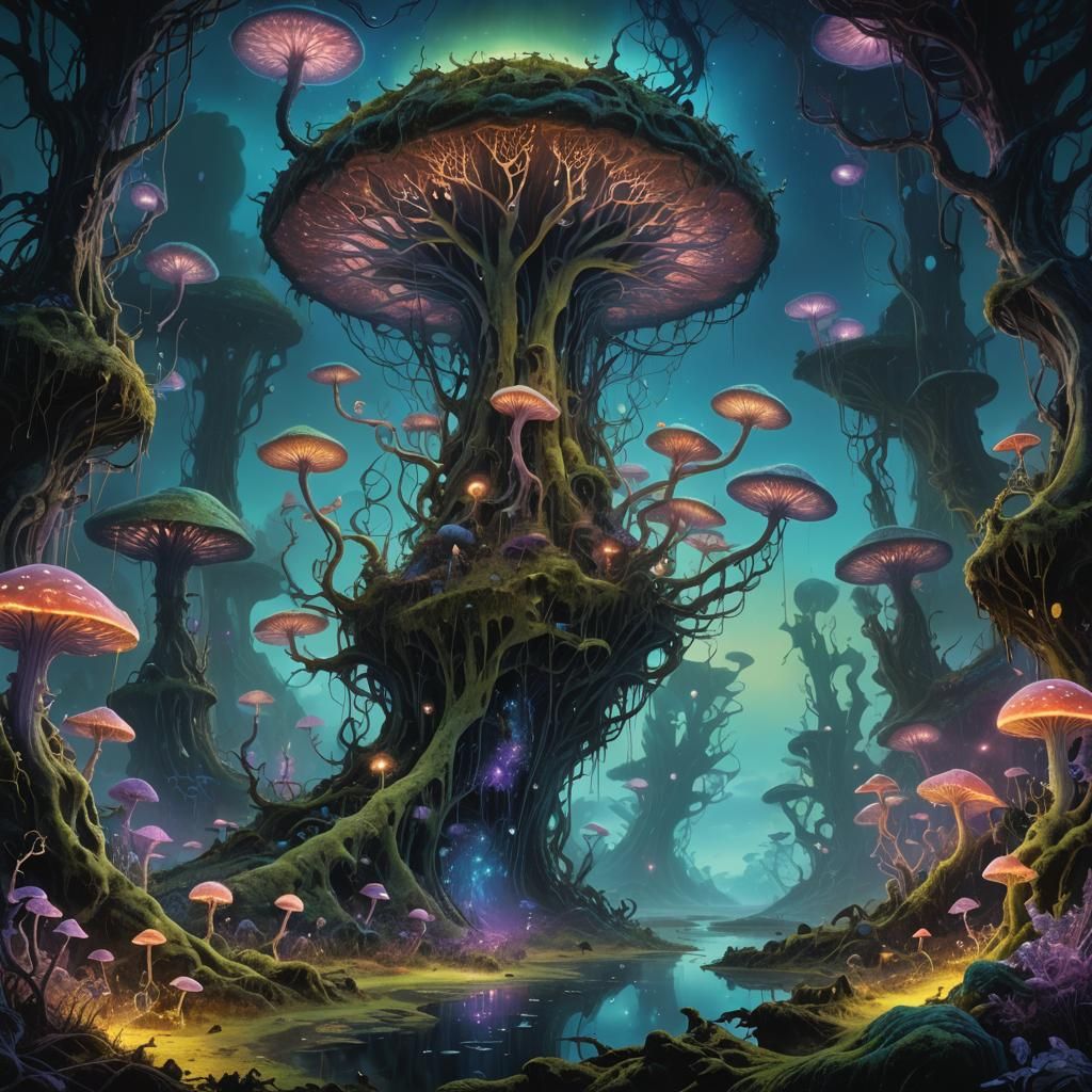 Bioluminescent Mystical World in Surrealist Style
