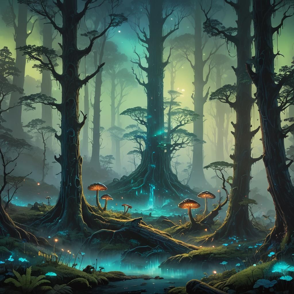 Bioluminescent Forest in Twilight Fantasy Realm