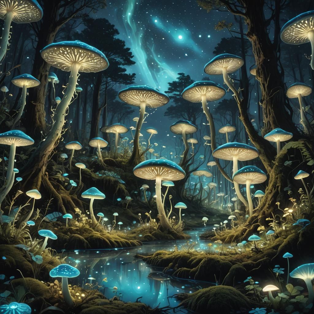 Bioluminescent Forest at Night Under Starry Sky