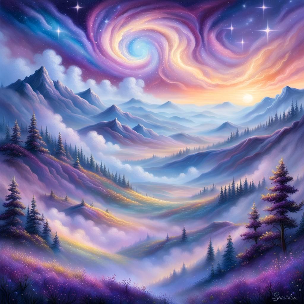 Vibrant Galaxy Meets Serene Hillside in a Dreamy, Hyperdetai...