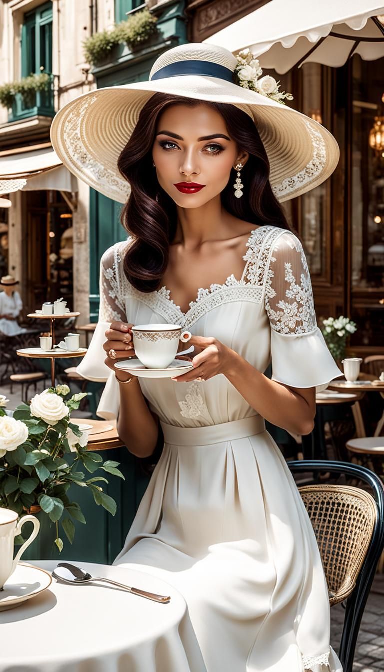 French Cafe Scene: Elegant Woman in Liquid Ink