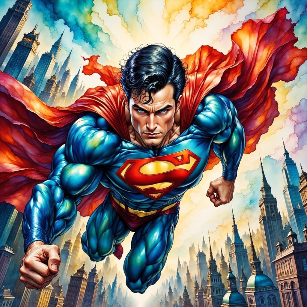 Superman in Flight, Watercolor Painting