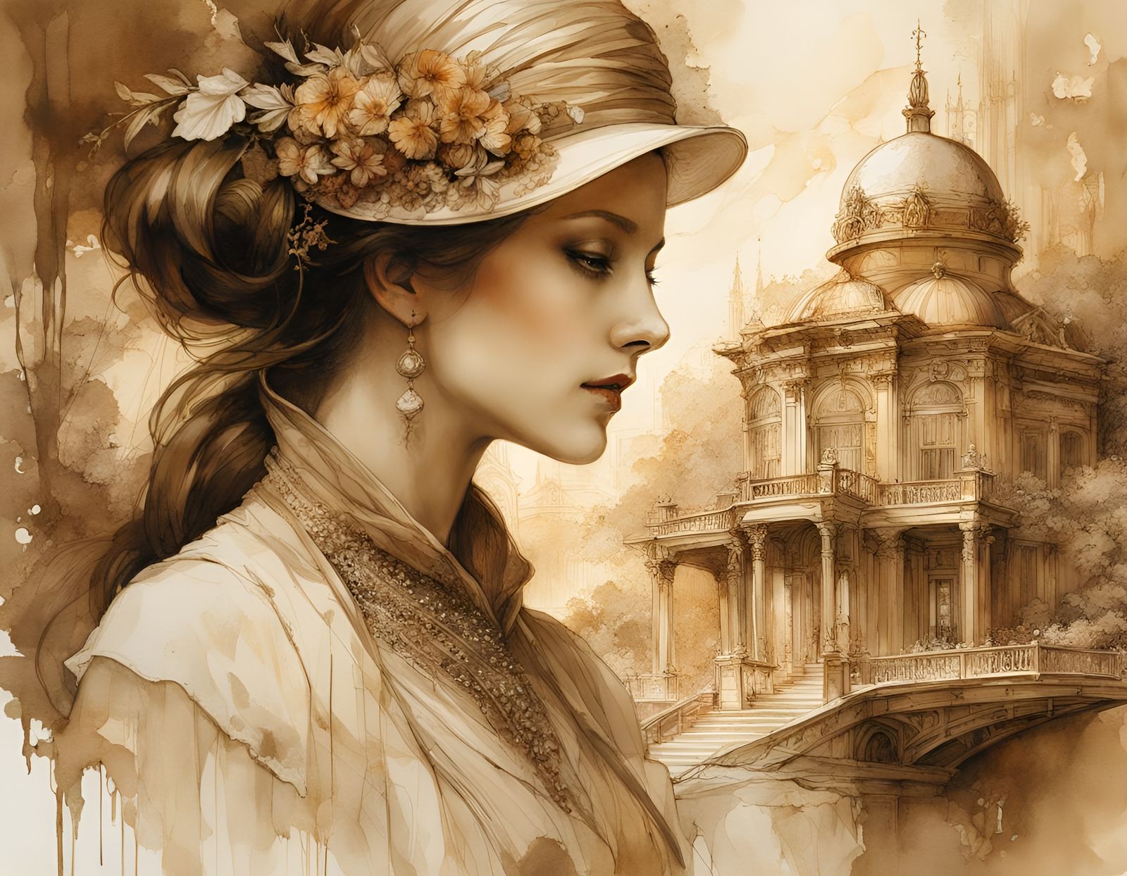 Sepia Art Nouveau Architecture in Retro Photograph Style