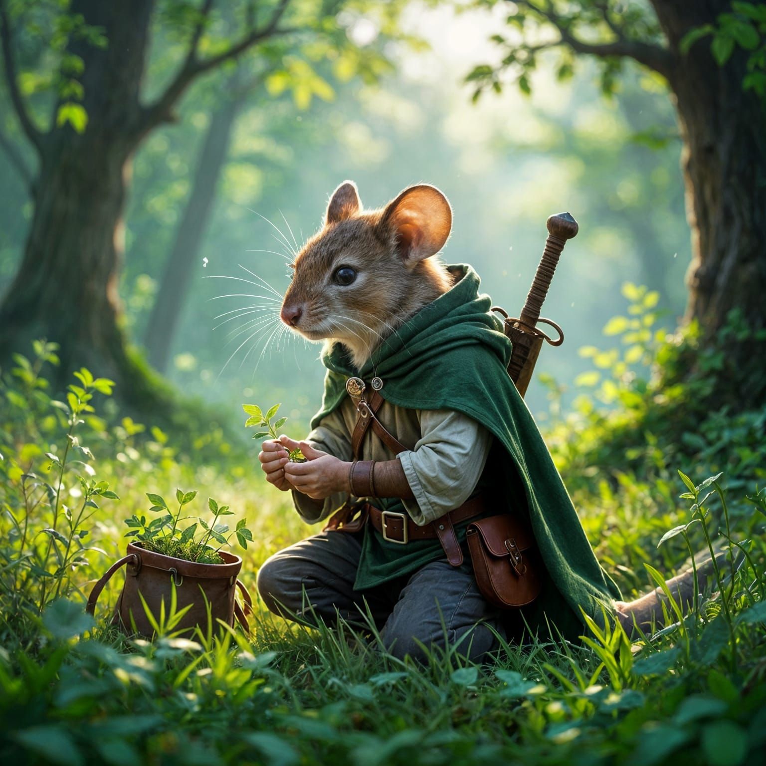 Anthropomorphic Mouse Ranger Gathers Herbs in Magical Forest...