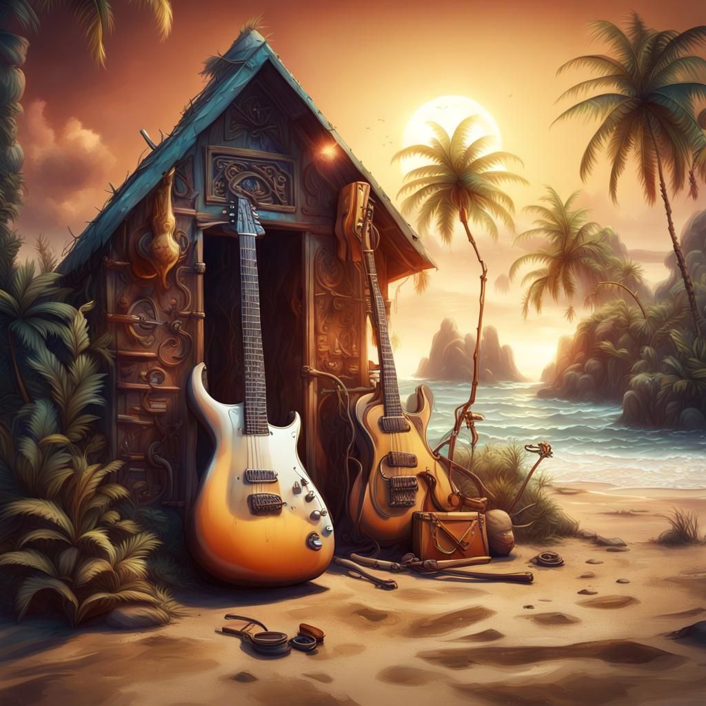 Cute Girl with Guitar on Beach in Detailed Matte Painting