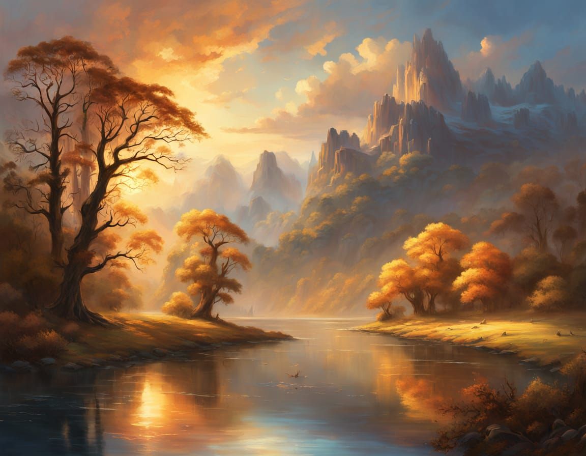 Majestic Golden River Landscape Oil Painting