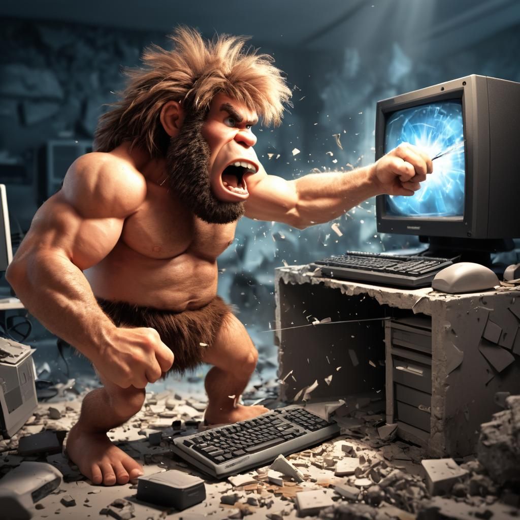Cartoon Caveman Destroys Computer with Club