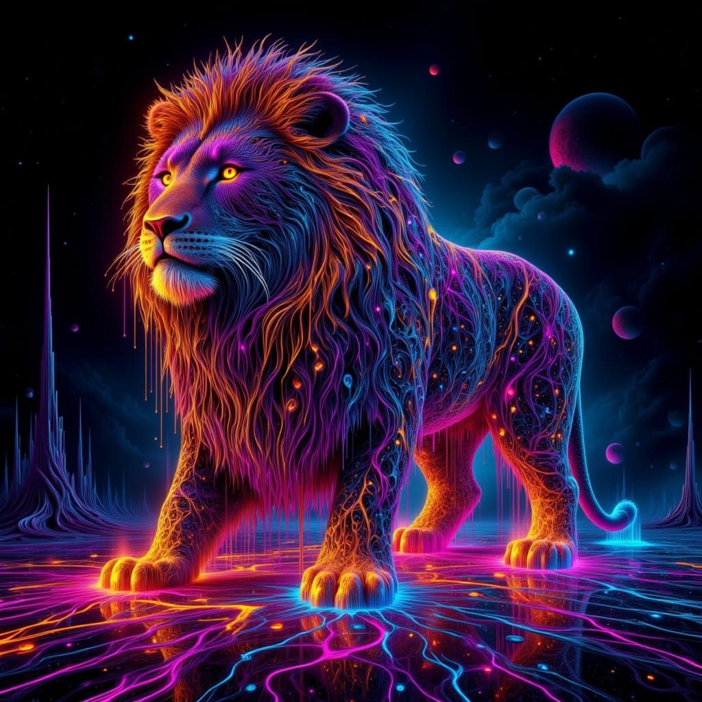 Melting Neon Lion Radiating an Aura