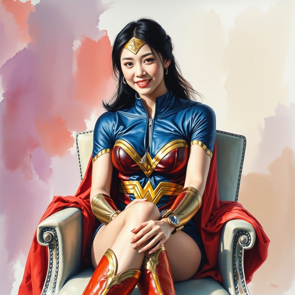 Seductive Korean Goddess in Wonder Woman Costume, Oil Painti...