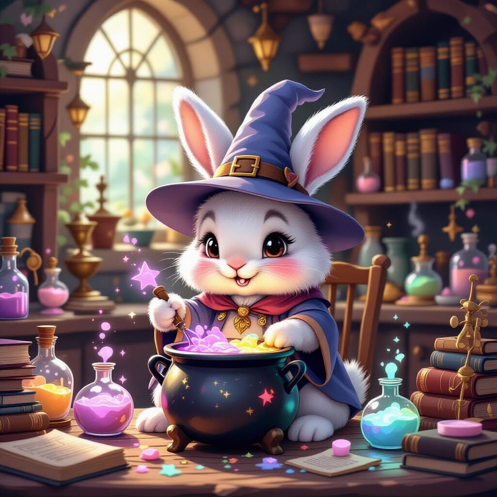 Fluffy Rabbit Wizard Brewing Potions in Magical Lab