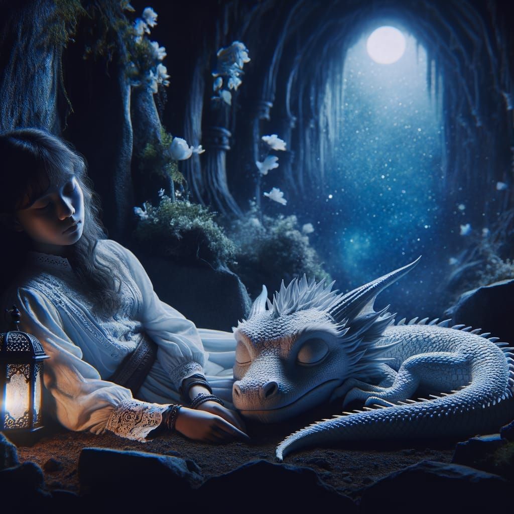 Girl and Dragon Asleep in Mystical Cave