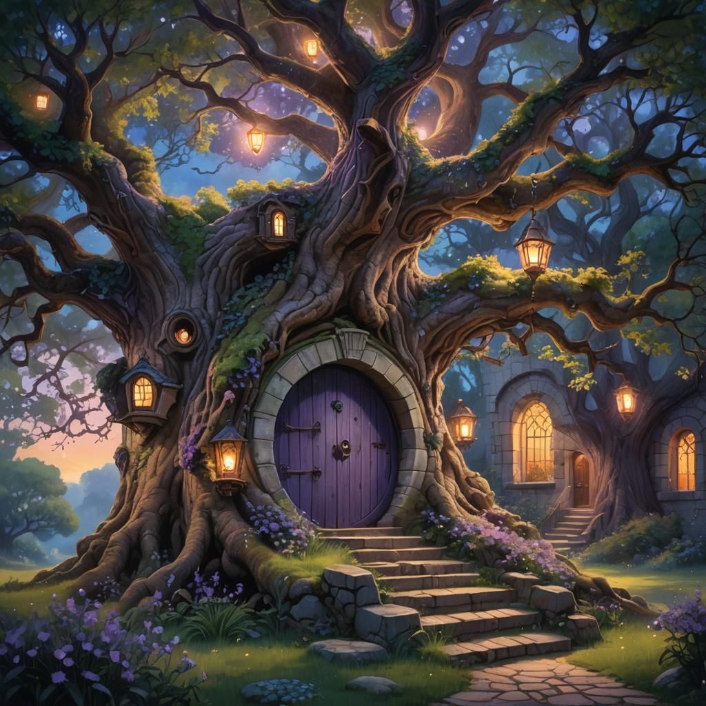 Enchanted Oak Tree Portal in a Whimsical Forest