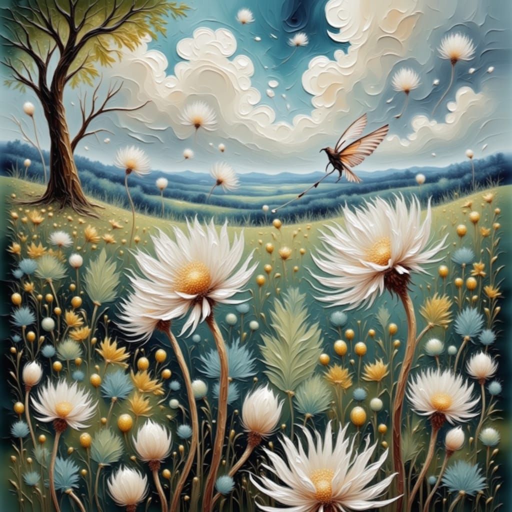 Whimsical Dandelion Seeds Floating in Golden Hour Meadow