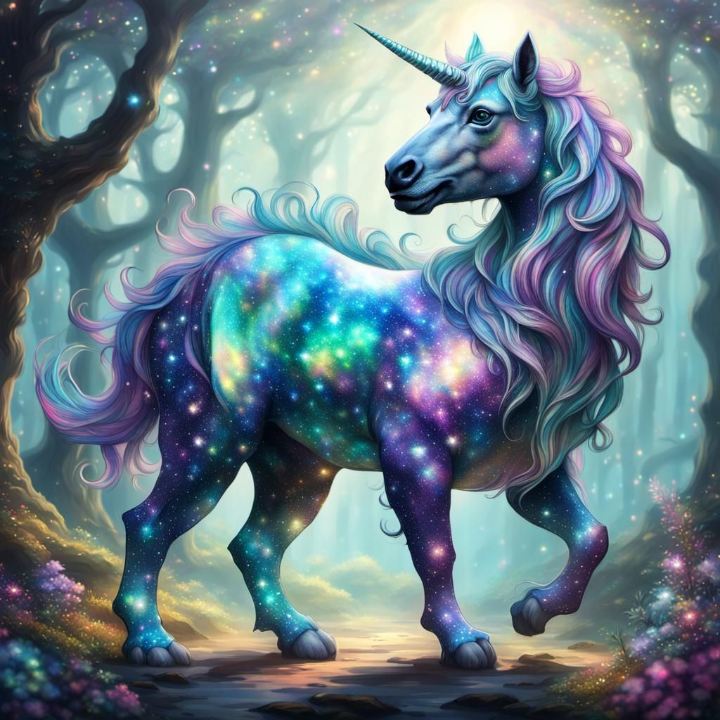 Cosmic Unicorn Fantasy Creature in Holographic Style