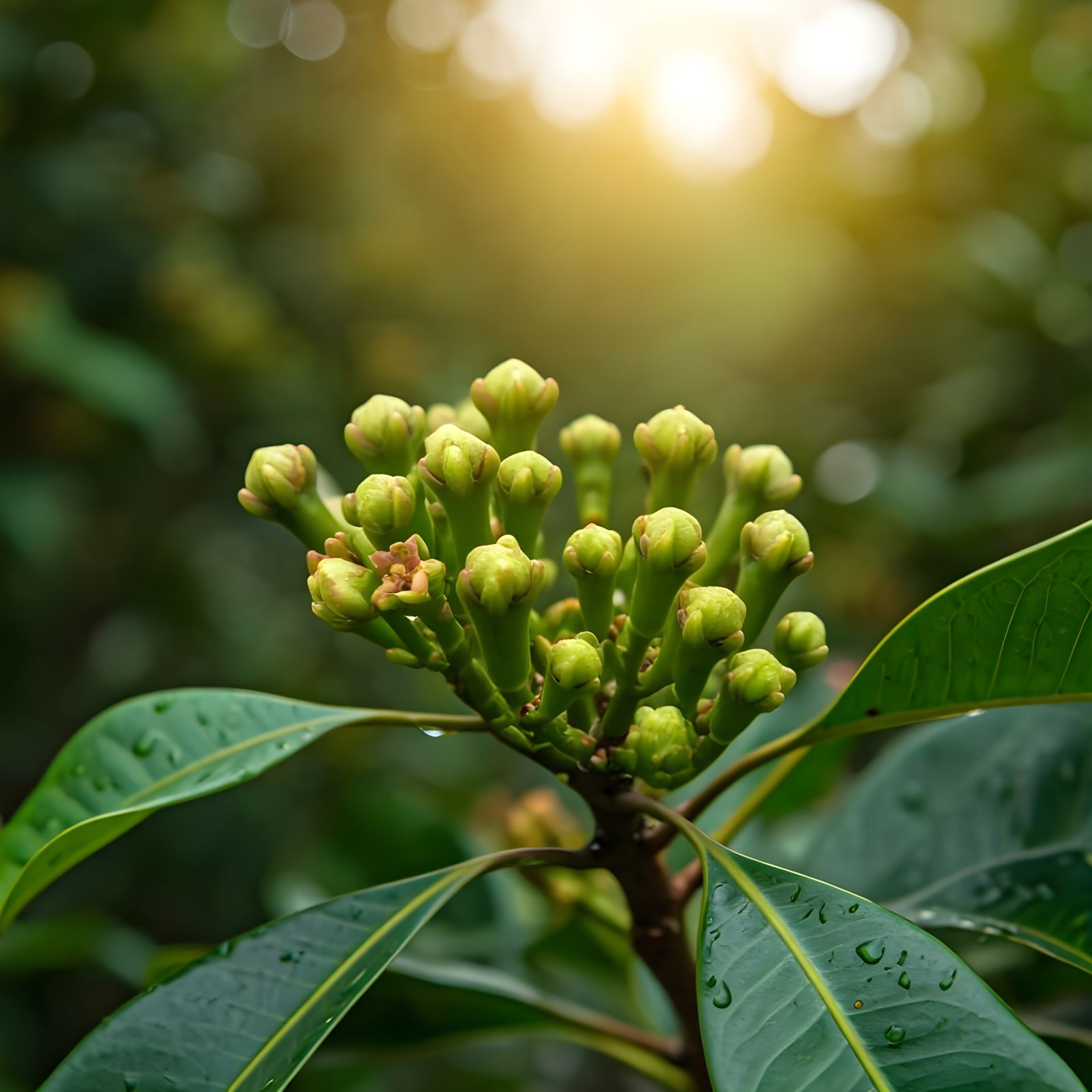 Clove Tree Flowers, Fruit, and Dew-Kissed Leaves
