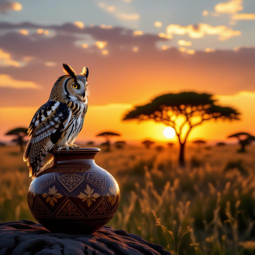 Wise Owl on Calabash Over Savanna at Sunset