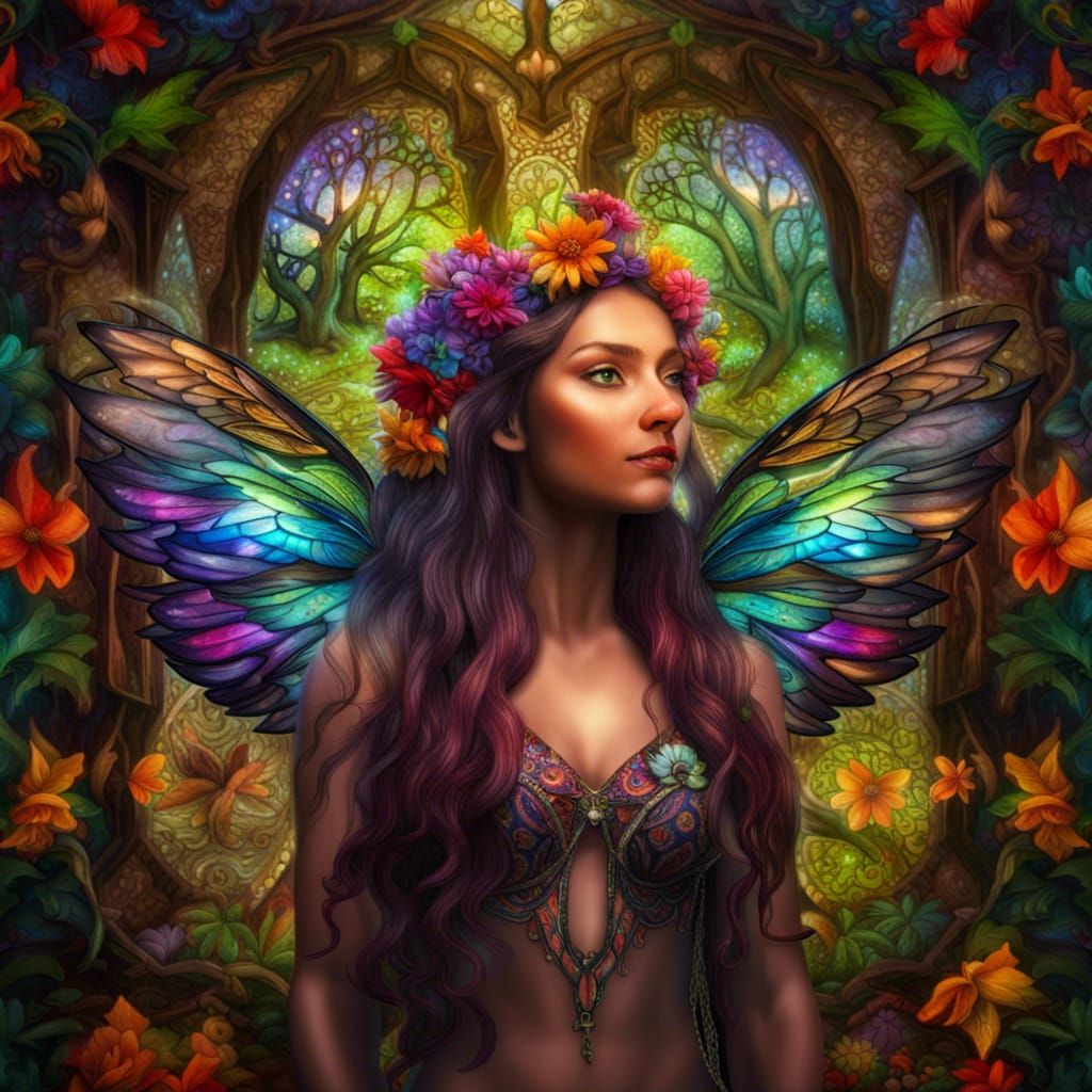 Magical Forest Fairy Portrait with Stained Glass Background