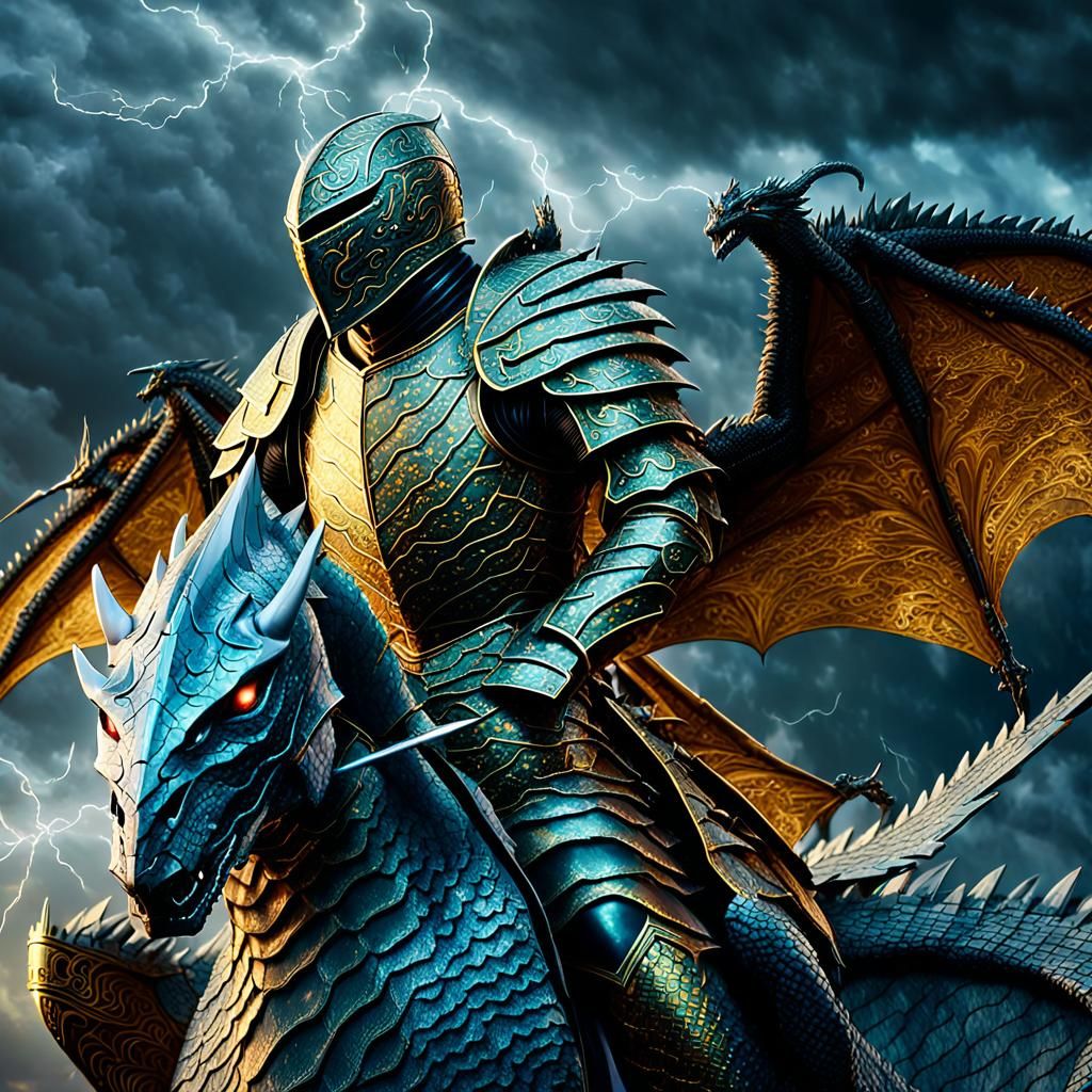 Knight Rides Dragon Through Stormy Skies